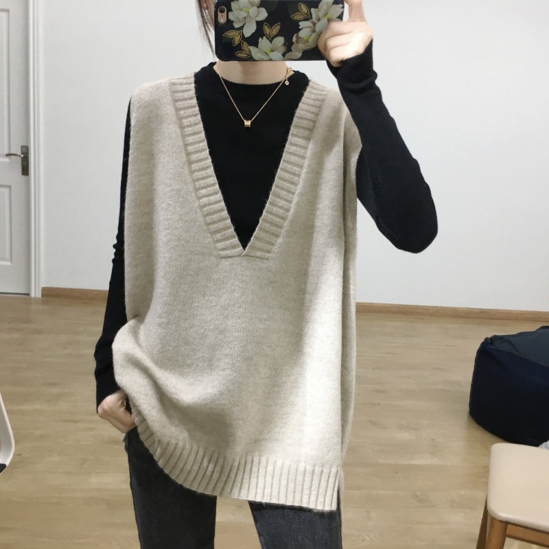 Mid-length Korean simple casual loose sweater for women versatile sweater for deep V-neck sleeveless vest top