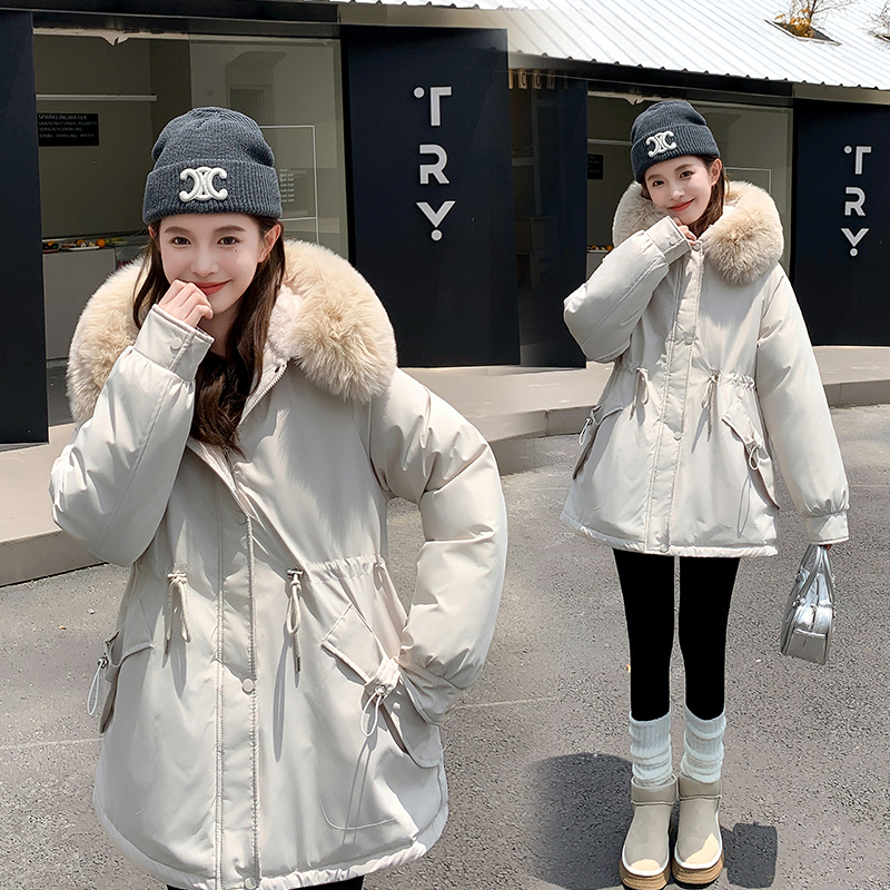 Parker cotton jacket for women's mid-length winter clothes new style ins Hong Kong style plus velvet small version cotton jacket foreign trade