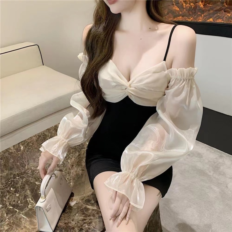 Spring new French pure style bow splicing suspender off-shoulder slim long-sleeved dress for women