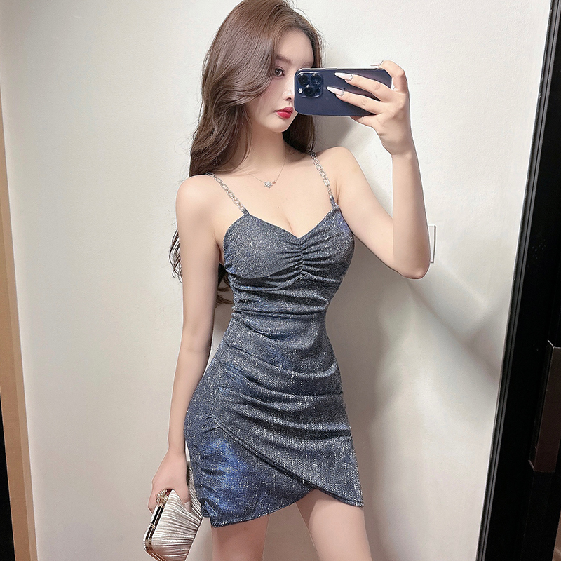 Summer sexy V-neck chain suspender skirt with hips slim temperament shiny disco dress