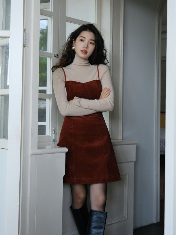 New French red corduroy suspender dress for autumn and winter women's high waist short versatile A-line skirt