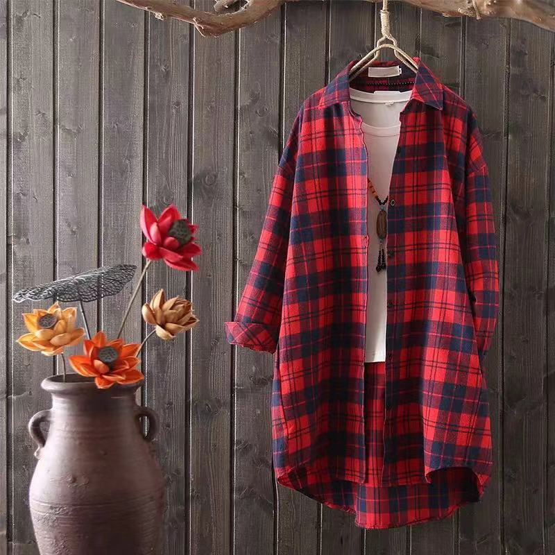 Sunscreen clothes spring red blue plaid shirt women's long-sleeved jacket loose student black and white medium-length large-size shirt
