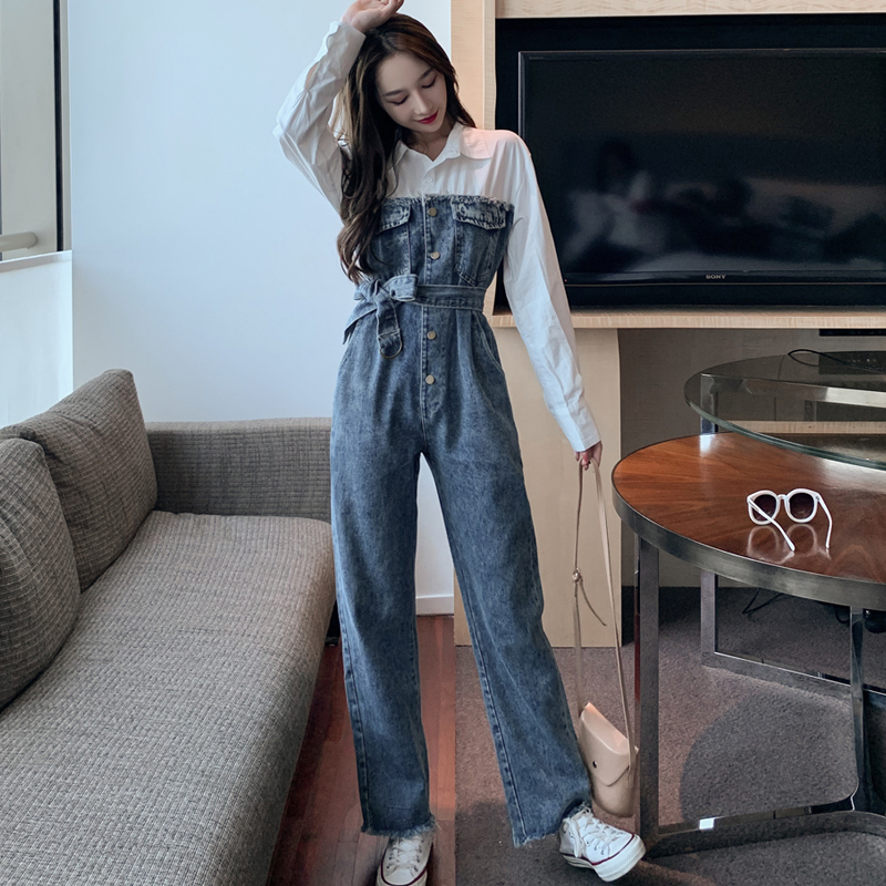 Denim spliced ​​jumpsuits for women in spring and summer Korean style Hong Kong style high-waist jumpsuit white shirt age-reducing work pants