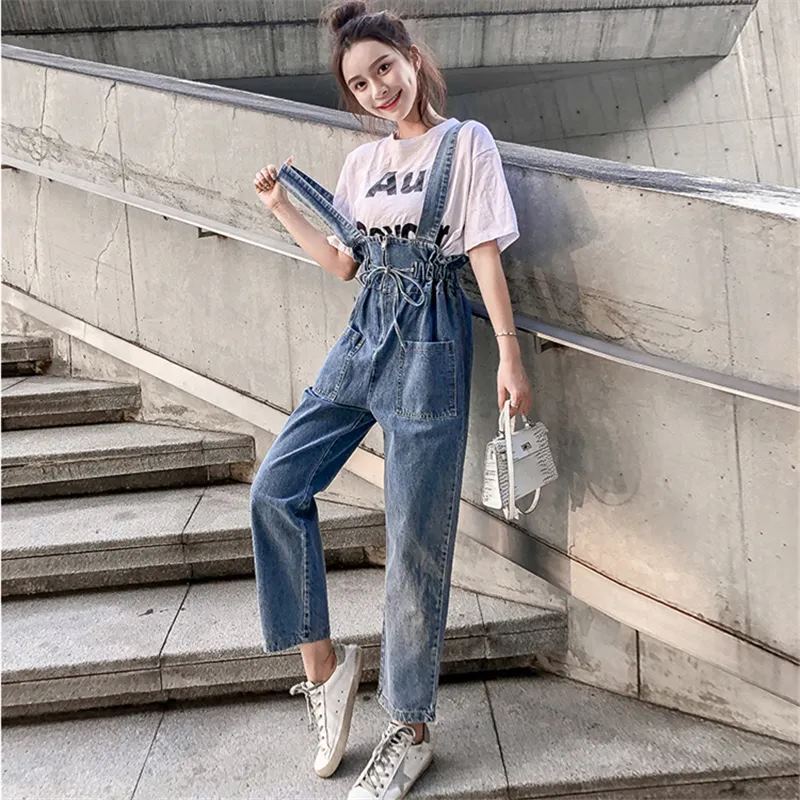 Ins super popular internet celebrity same denim overalls spring and summer new age-reducing elastic waist bud cropped pants for women