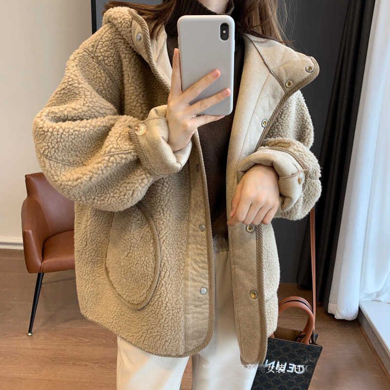 Spot foreign trade winter clothes loose fur integrated suede jacket for women lamb fern motorcycle jacket