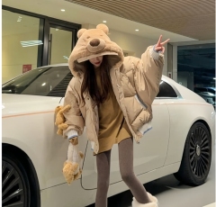 White duck down autumn and winter new Korean lazy style hooded bear down jacket female doll splicing