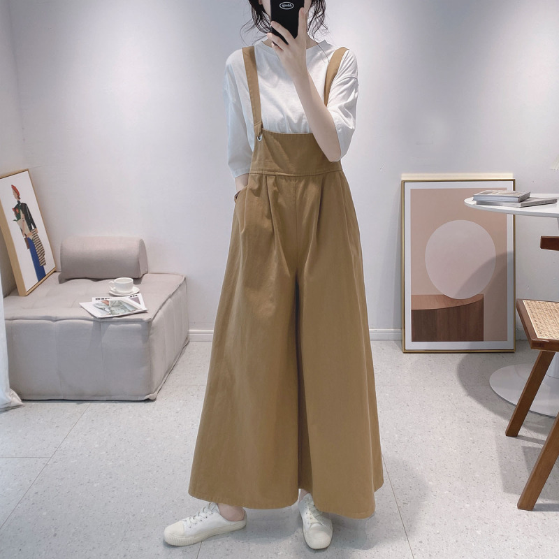 High-waist overalls for women in spring and summer new loose slim literary cotton wide-leg pants age-reducing suspender skirt pants