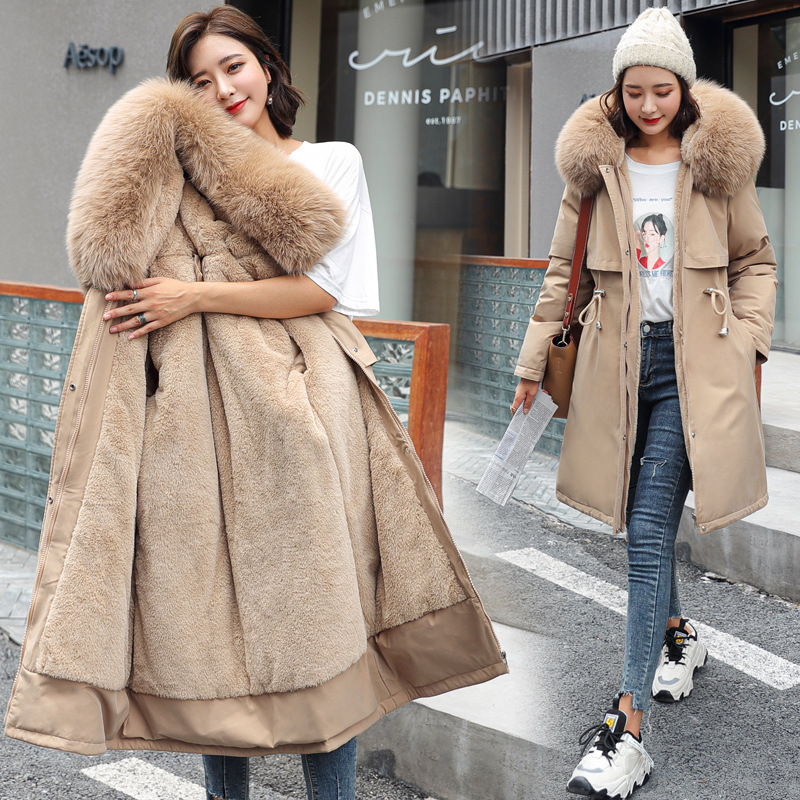 Korean winter European and American new women's cotton jacket mid-length large wool collar plus velvet cotton jacket down cotton jacket