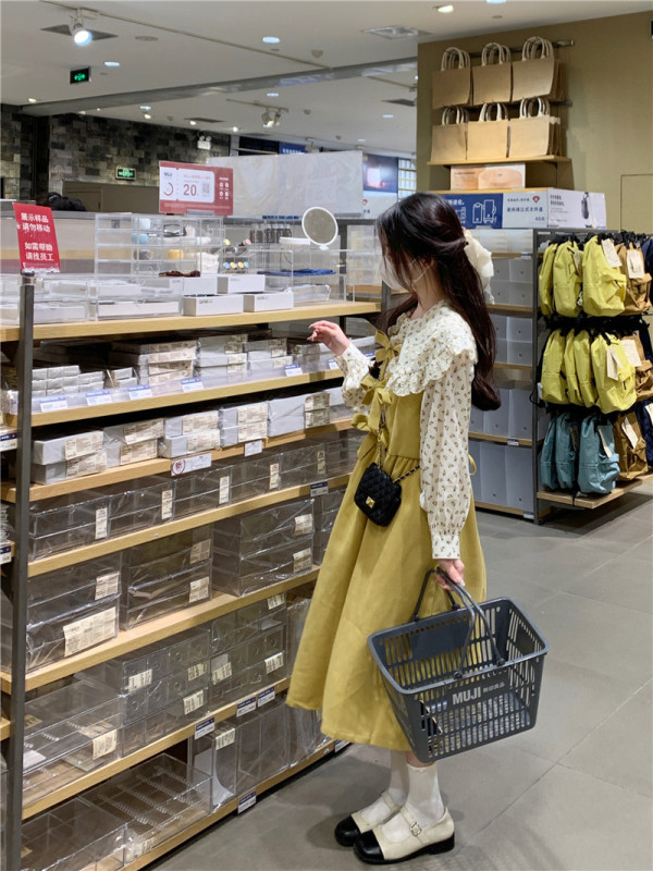 Spring sweet girl floral lantern sleeve shirt + bow strap vest dress