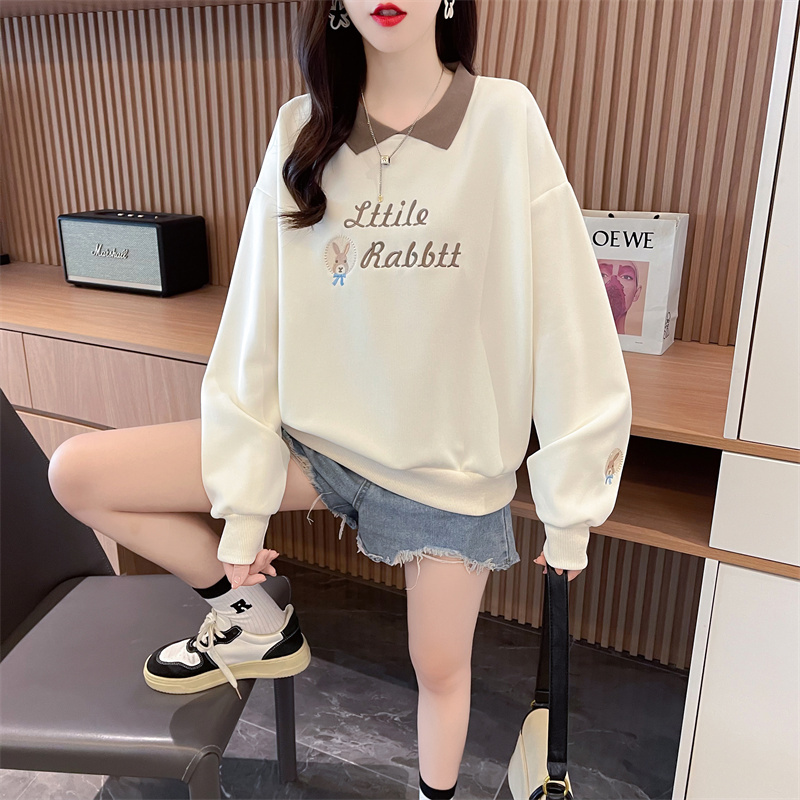 Autumn Korean style loose 310g Hua Cotton Compound POLO collar cartoon embroidered large size thin sweatshirt for women
