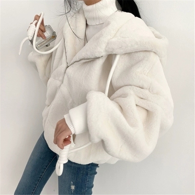 Korean version, versatile loose hooded fluffy super warm jacket