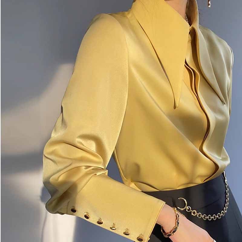Acetic acid satin large pointed collar shirt for women Autumn high-end droop top design niche long-sleeved professional shirt