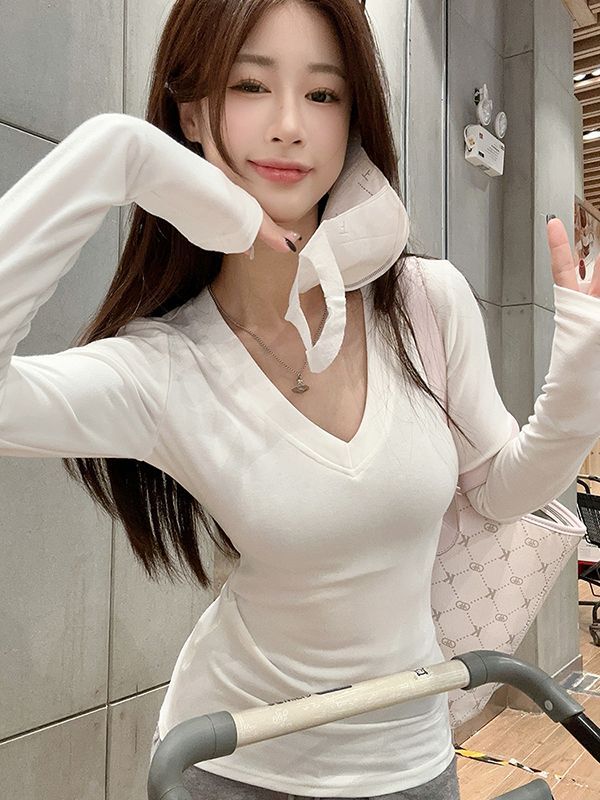 1x1 German velvet hot girl pure basic style V-neck long-sleeved T-shirt for women in autumn and winter slim base shirt