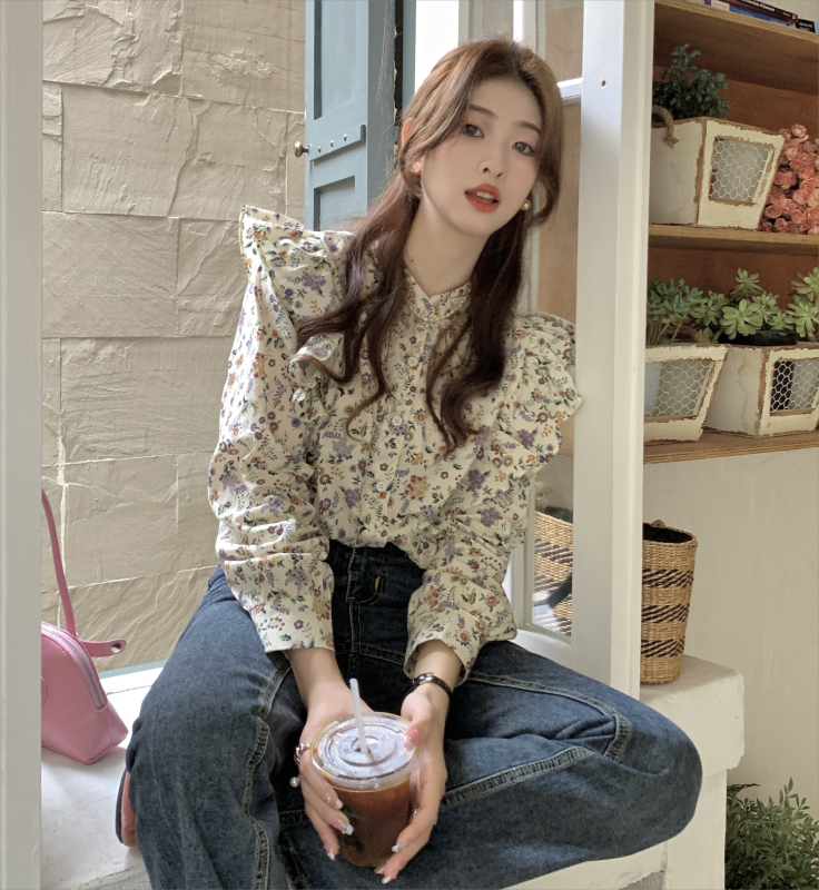 Spring new large-size women's ruffled floral comfortable retro versatile slim cotton shirt for women
