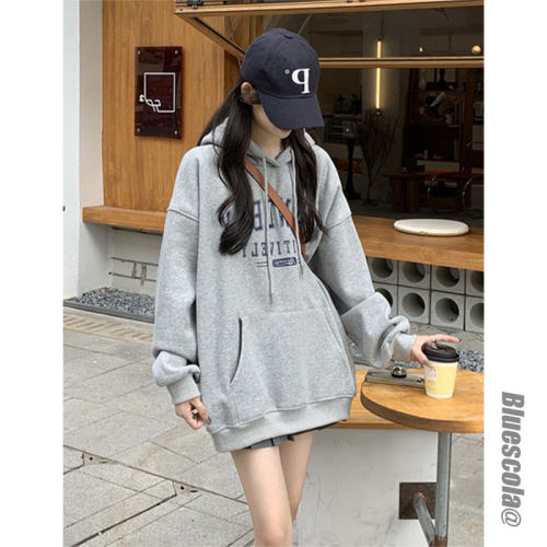 Big sweatshirt plus velvet plus large size printed sweatshirt for women new autumn and winter American retro loose