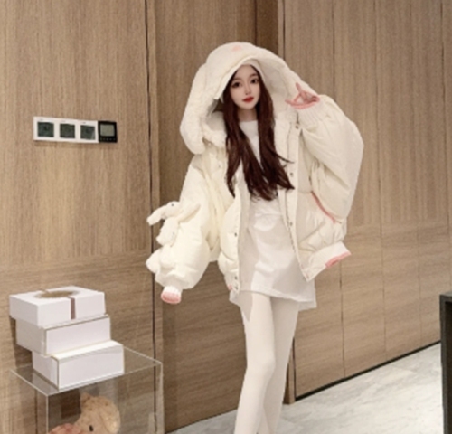 White duck down autumn and winter new Korean lazy style hooded bear down jacket female doll splicing