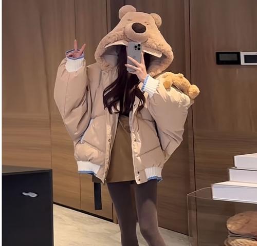 White duck down autumn and winter new Korean lazy style hooded bear down jacket female doll splicing
