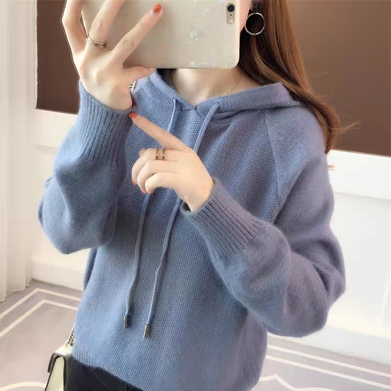 Spot hooded outfit for women new style student loose knitted long sleeve solid color sweater for women