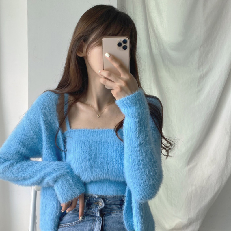 Mink velvet lazy suit suspender top with lazy style sweater cardigan two-piece set