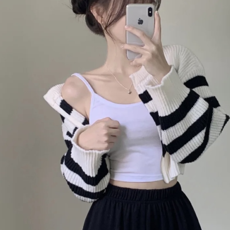 Spot Korean chic color block striped zipper knitted cardigan short jacket long sleeve loose