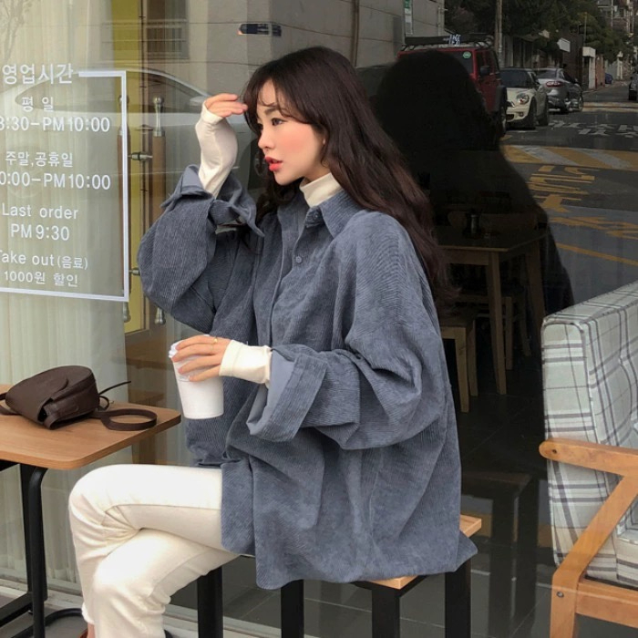 Korean chic autumn retro niche texture design corduroy jacket loose boyfriend lazy shirt women