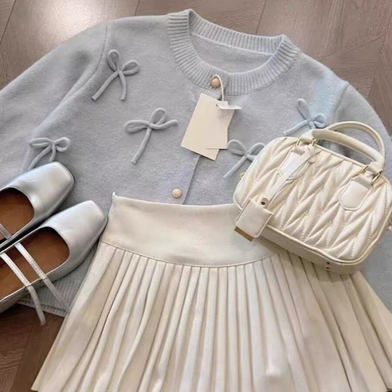 Blue small fragrance style bow knitted sweater for women in spring and autumn lazy short design spring cardigan jacket top