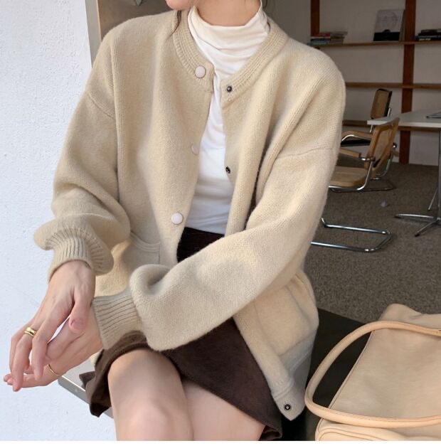 New autumn and winter Korean version ins pink loose and versatile spring knitted cardigan jacket for women