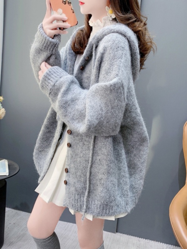 Loose and lazy style solid color hooded sweater jacket for women in autumn and winter new fashionable internet celebrity versatile knitted cardigan