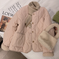 Pink lamb wool cotton coat for women in winter new Korean style thickened round neck lamb fur coat cotton coat