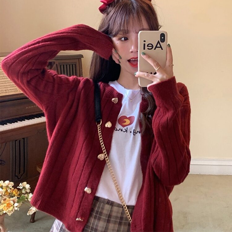Wu 77 sweet love button white and red short sweater cardigan Korean style loose slimming pit striped knitted sweater