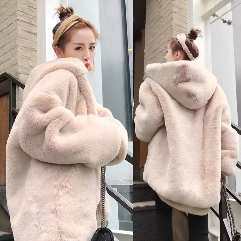 Plush fur coat women's autumn and winter loose cocoon rabbit sweater oversize lamb fur hooded coat