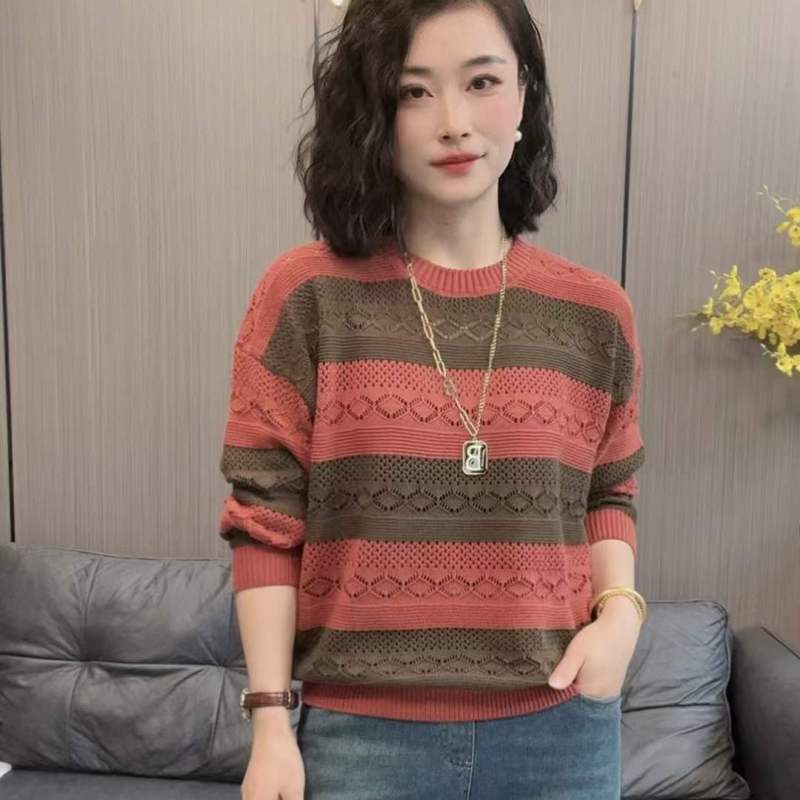 Retro striped sweater for women's new spring round neck design hollow pullover sweater high-end top