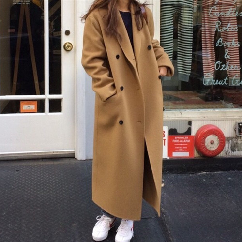 Spot Korean chic French retro temperament double-breasted woolen jacket suit collar long coat for women