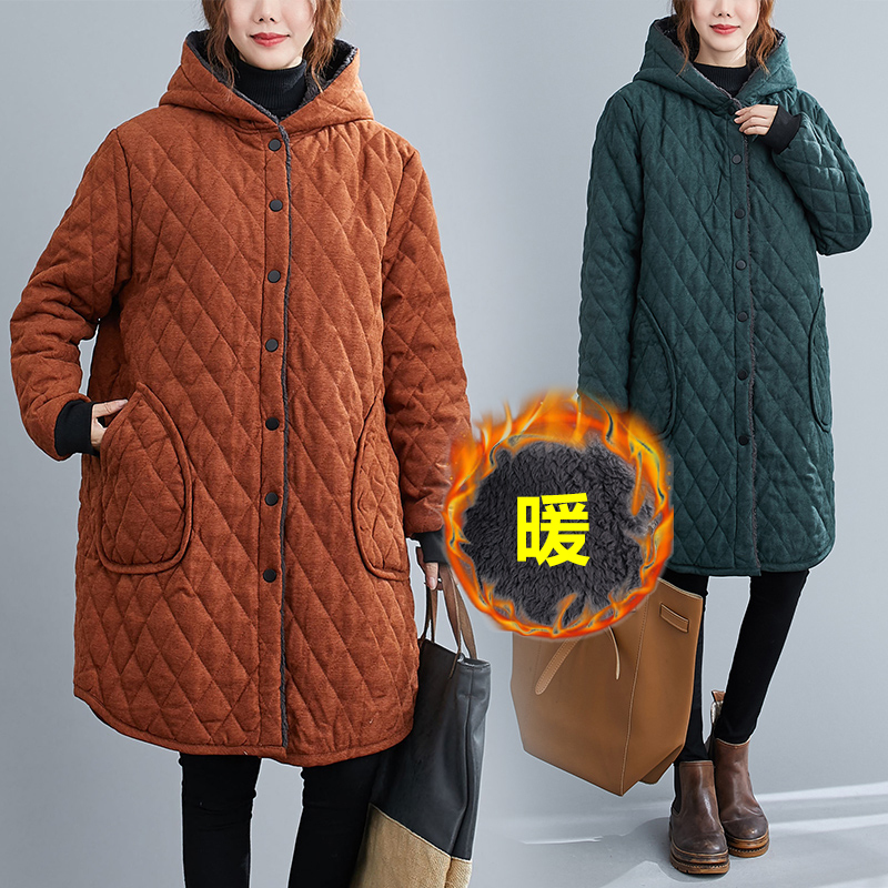 New winter style cotton plus velvet hooded warm literary casual cotton coat