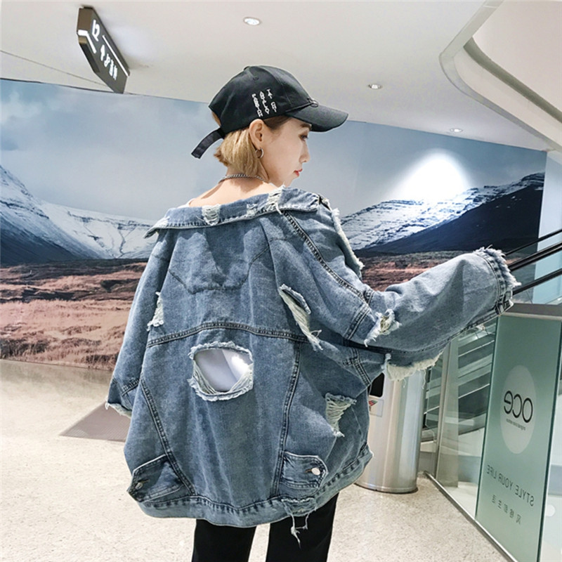 Internet celebrity denim jacket for women cool spring and autumn Korean style student loose bf ripped trend ins super hot hip hop soft denim jacket