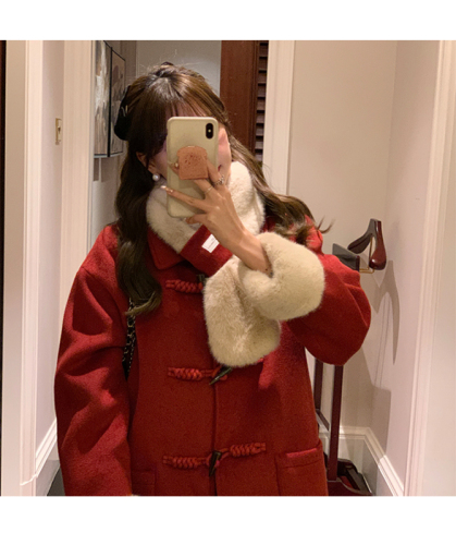 Lu Xiaotuantuan fur collar horn buckle tweed coat in winter new loose Korean long red jacket for women