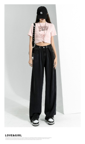 Black design straight jeans for women in autumn and winter new high-waist slimming wide-leg pants versatile loose floor pants