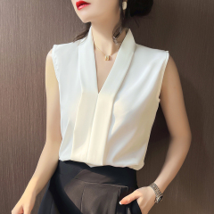 Fashionable white V-neck matte satin shirt for women with sleeveless loose slim and versatile professional temperament women's vest top