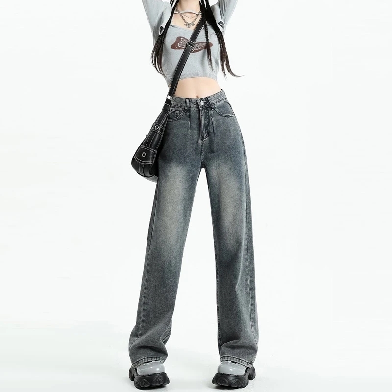 Washed retro blue high-waist slimming jeans for women's new straight-leg loose slimming pear-shaped wide-leg pants