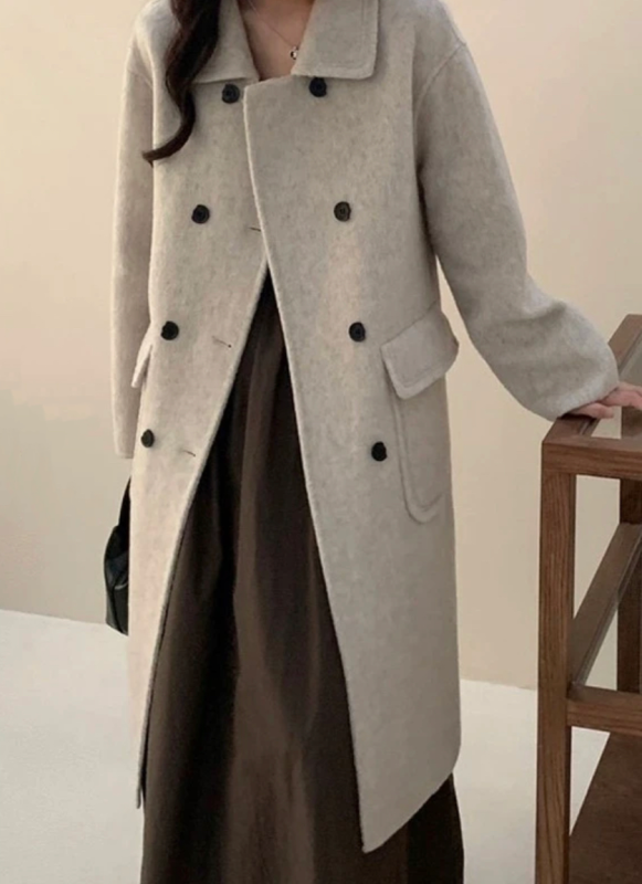 Moonlight White Tea Early Autumn New Temperature Korean Loose Long Variety Double-Side Wool Coat
