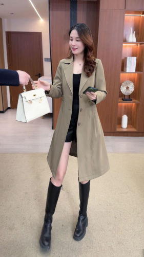 Trench coat for women in autumn and winter new style plus velvet thickened fashion suit collar small Korean style waist-closing mid-length outerwear
