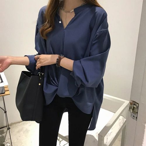 Large size women's new simple temperament shirt for women for autumn, versatile long-sleeved top loose BF shirt base shirt