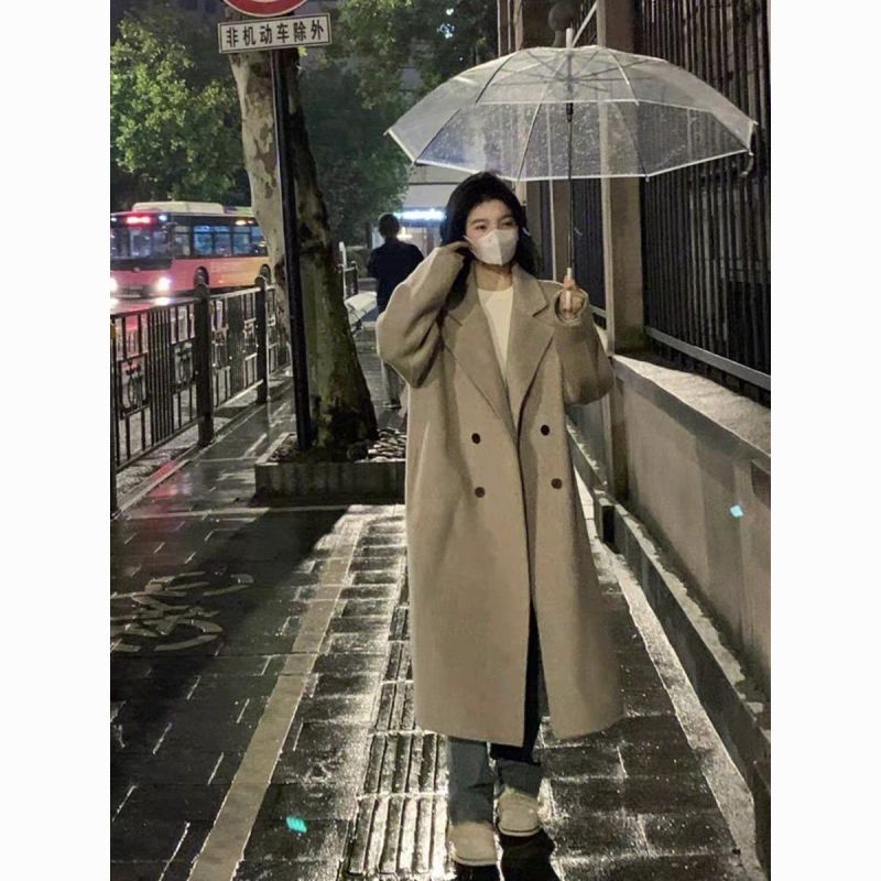 Loose Korean style autumn and winter mid-length wool temperament autumn and winter double-breasted temperament fashionable coat jacket