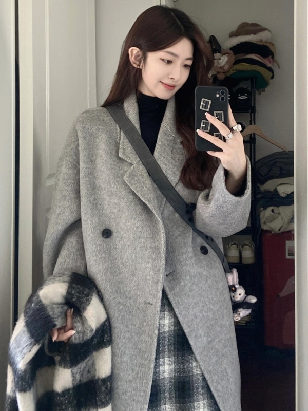 Gray cashmere coat for women with high-end double-sided wool coat wool autumn and winter new wool thickened small