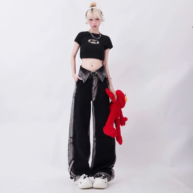 American retro lapel design contrast color jeans for women's high street dopamine wear straight wide-leg trousers