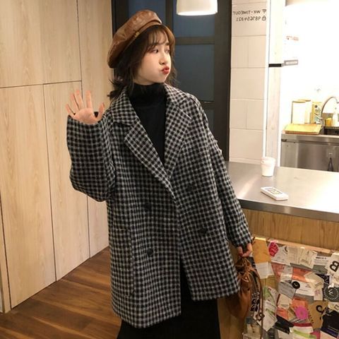 Autumn and winter new large-size women's loose cotton plaid suit tweed coat M-4XL 200 catties