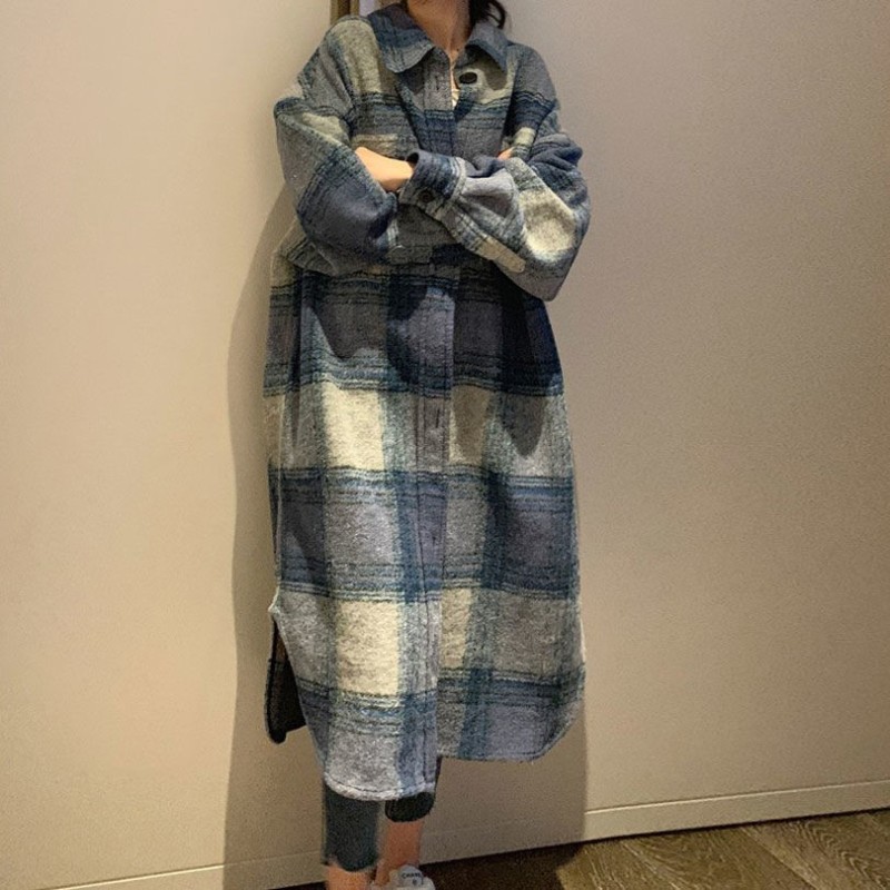 French niche autumn and winter new clothes loose double pocket plaid wool jacket silhouette plaid long coat for women