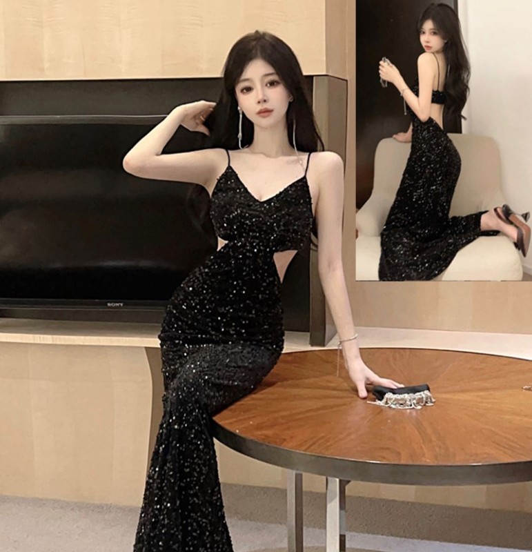 French sexy bead-piece flocking suspender dress autumn and winter high-end dress/night dress