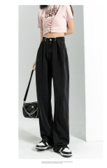 Black design straight jeans for women in autumn and winter new high-waist slimming wide-leg pants versatile loose floor pants