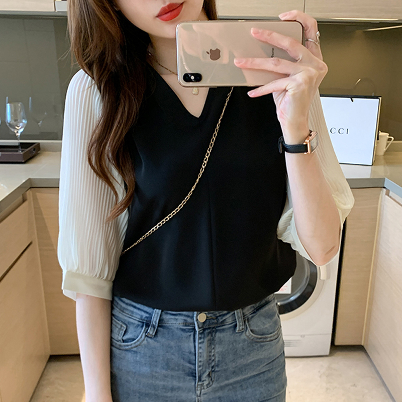Chiffon shirt women's summer new style of 7-quarter sleeve fashionable shirt short-sleeved top mid-sleeved trendy